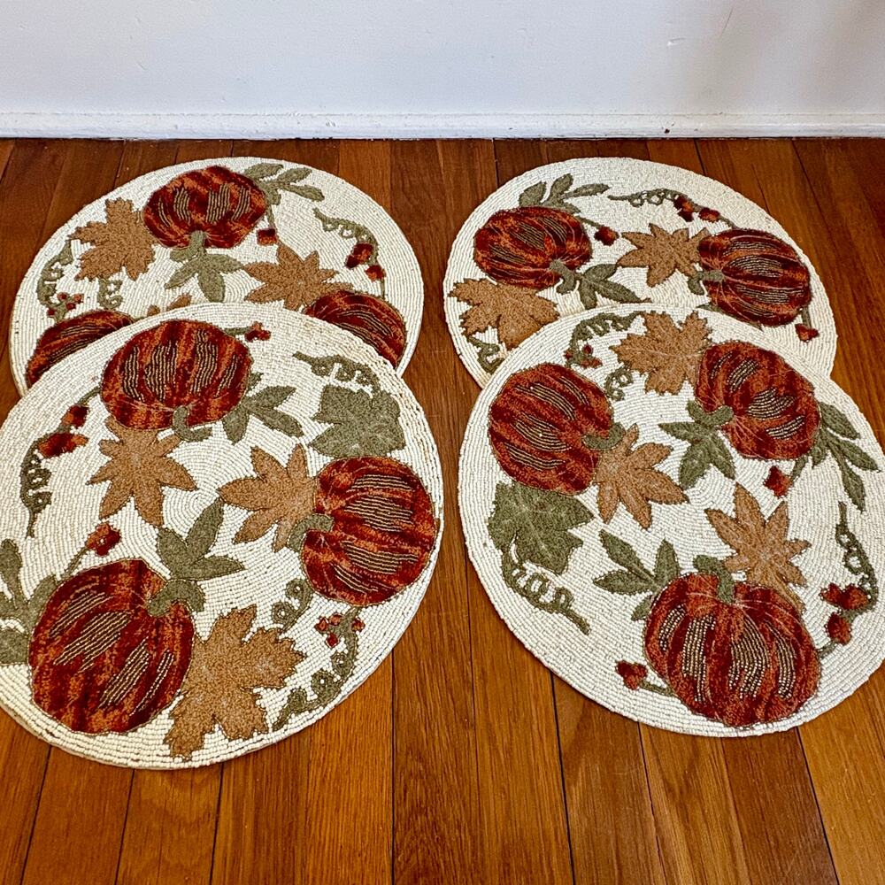 Sigrid Olsen Beaded Pumpkin Placemats Set of 4 Fall Thanksgiving Decor